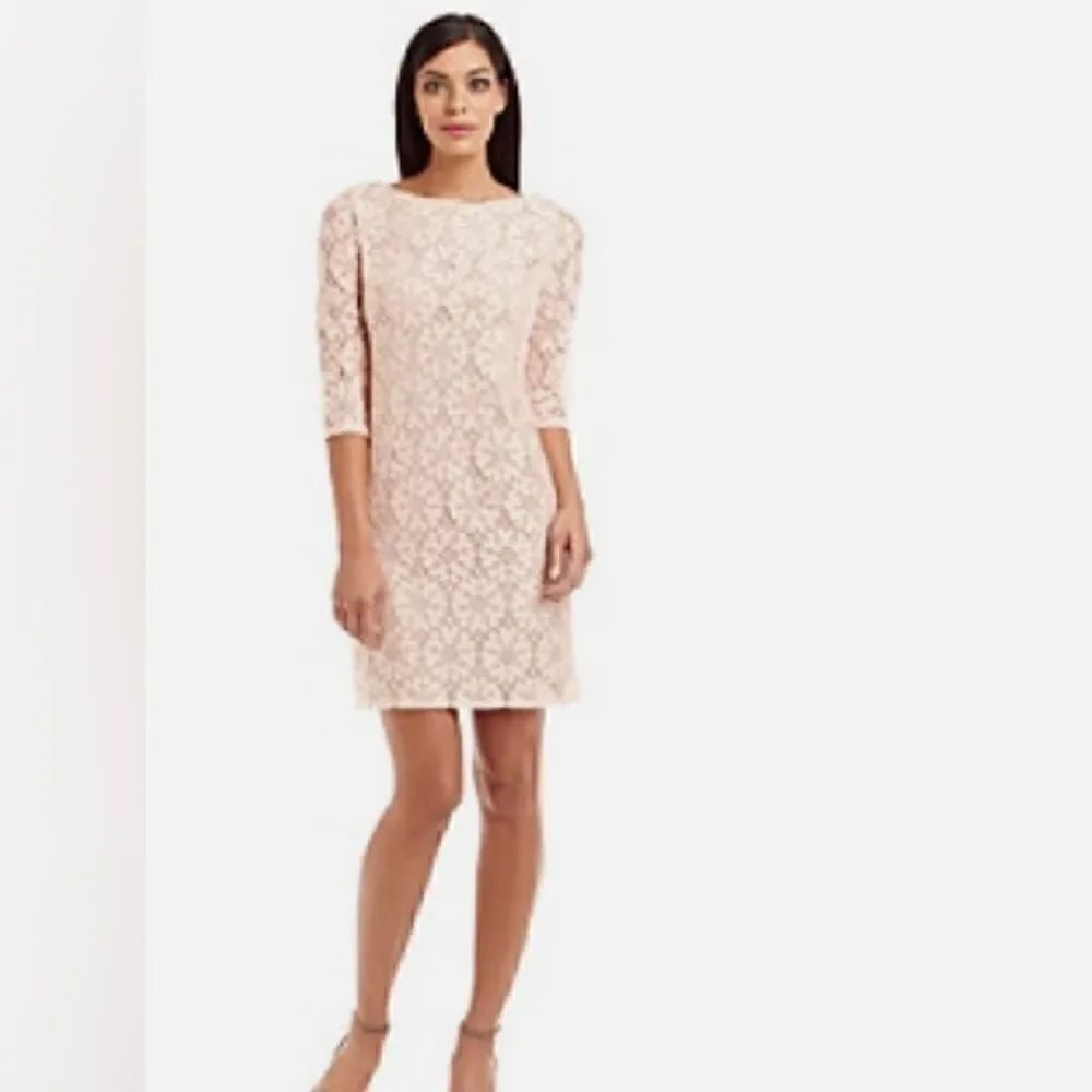 Jessica Howard Illusion Seath Formal Dress Lace Pink Underlay 3/4 Sleeve NWT 6